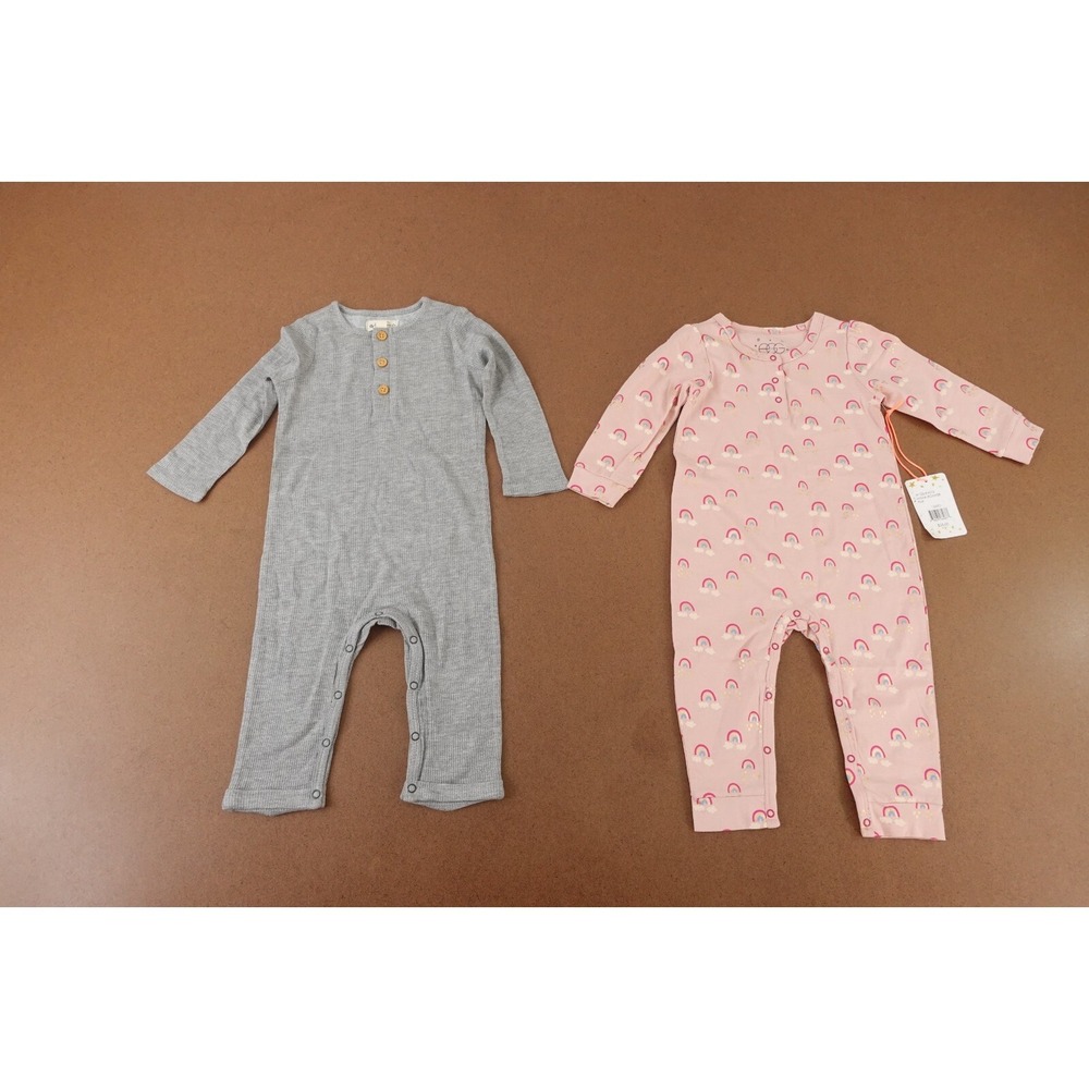 EGG Baby Size 12 Months Long Sleeve Gray Henley Pink Rainbow Romper 2 Pack NWT